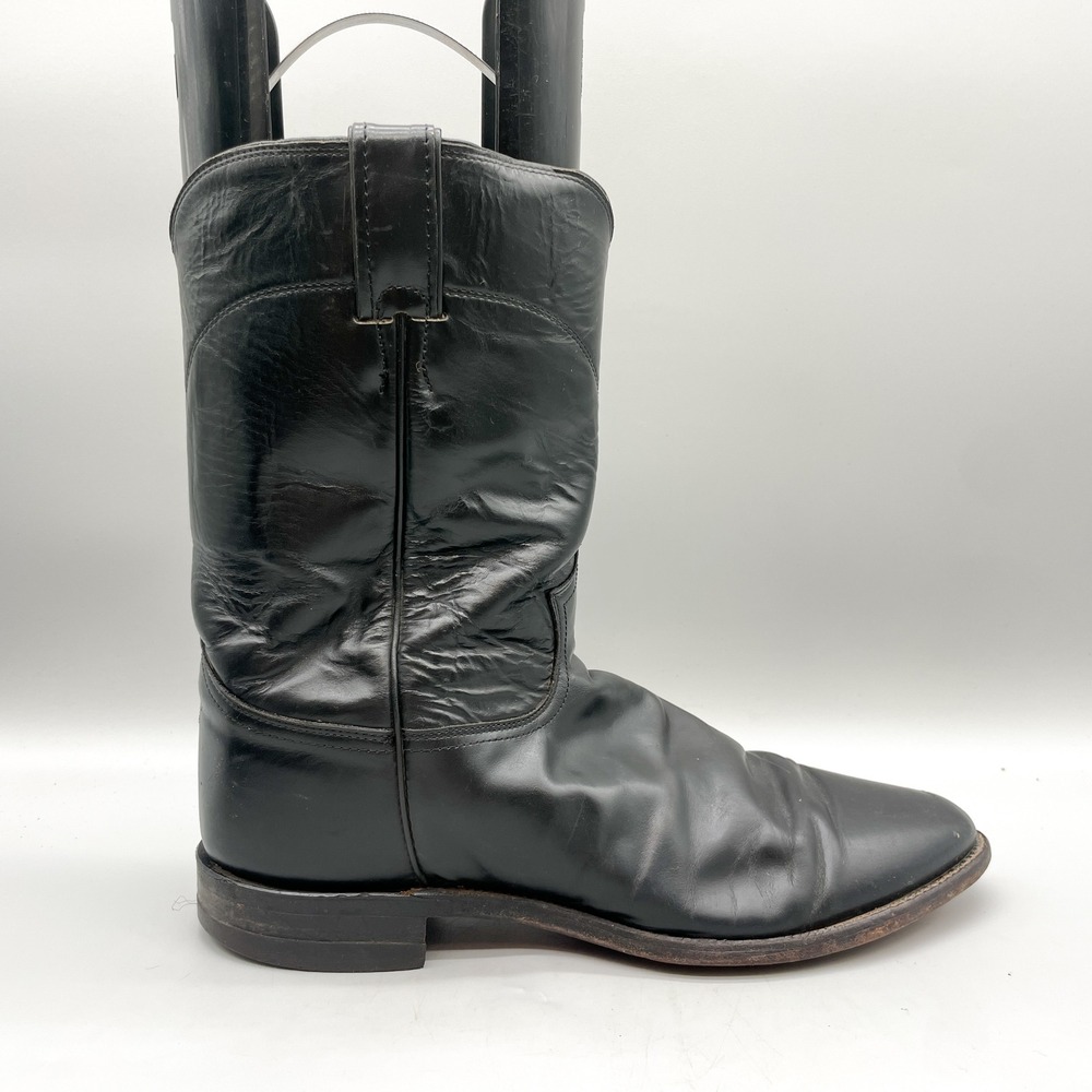 Justin Mens 11 D Roper Western Cowboy Boots Black Leather VTG USA Classic Rugged